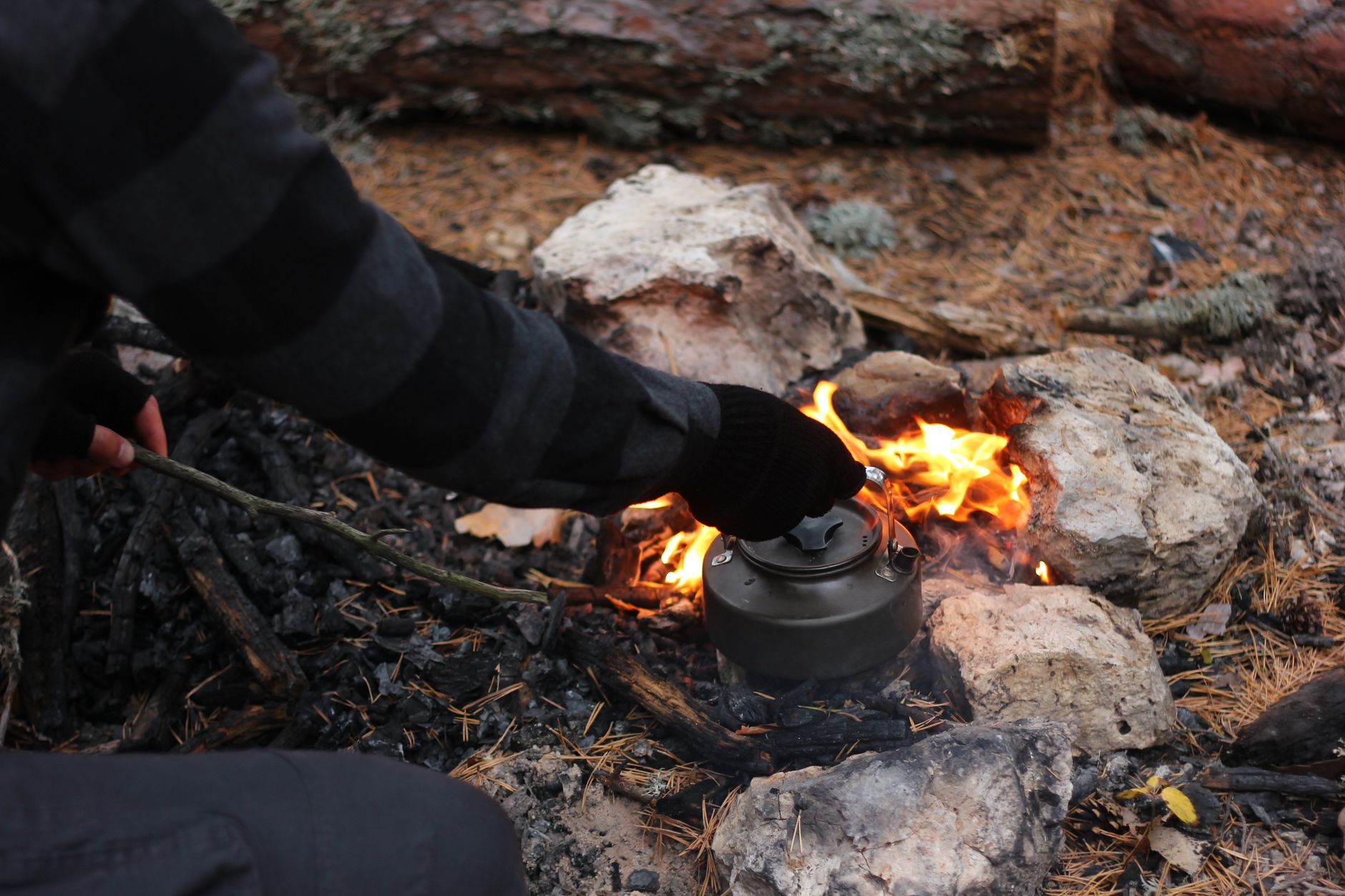 A person cooks over a campfire in a forest setting, highlighting outdoor cooking and camping lifestyle.